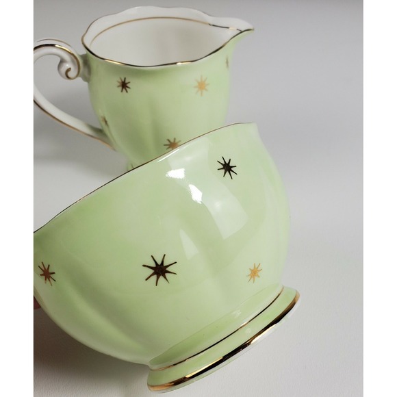 Vtg  Queen Anne Pole Starburst  MCM Midcentury Footed Sugar Creamer Green Gold - Picture 11 of 12